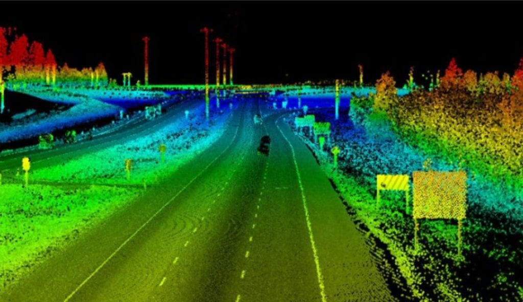 A colored photo of the data points collected by LiDAR equipment
